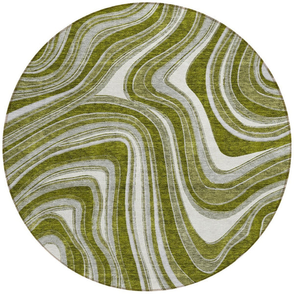 Homeroots 3' Artichoke Green And Ivory Abstract Washable Area Rug For Indoor And Outdoor Spaces, Durable Design 8' Round Polyester 585240