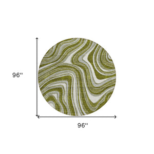 Homeroots 3' Artichoke Green And Ivory Abstract Washable Area Rug For Indoor And Outdoor Spaces, Durable Design 8' Round Polyester 585240
