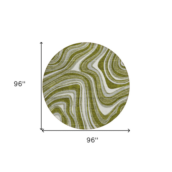 Homeroots 3' Artichoke Green And Ivory Abstract Washable Area Rug For Indoor And Outdoor Spaces, Durable Design 8' Round Polyester 585240