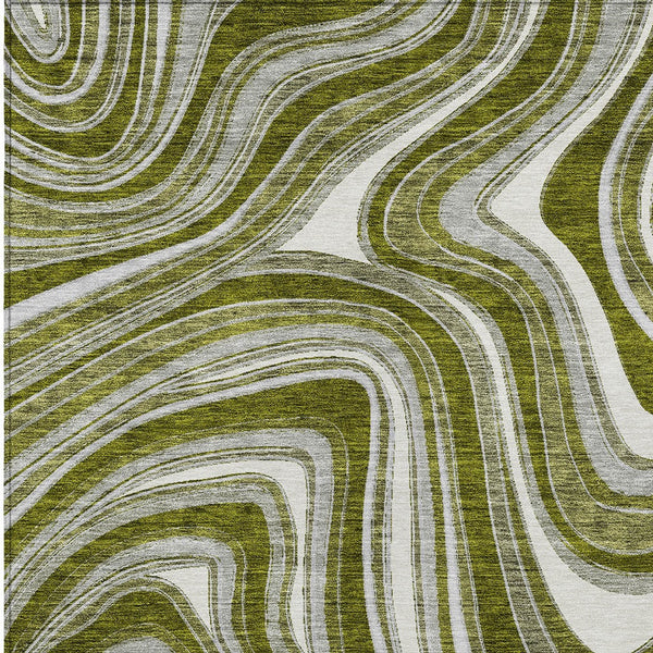 Homeroots 3' Artichoke Green And Ivory Abstract Washable Area Rug For Indoor And Outdoor Spaces, Durable Design 8' X 10' Polyester 585241