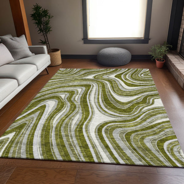 Homeroots 3' Artichoke Green And Ivory Abstract Washable Area Rug For Indoor And Outdoor Spaces, Durable Design 9' X 12' Polyester 585242