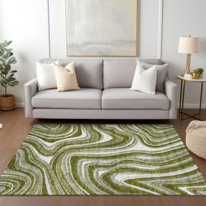 Homeroots 3' Artichoke Green And Ivory Abstract Washable Area Rug For Indoor And Outdoor Spaces, Durable Design 9' X 12' Polyester 585242