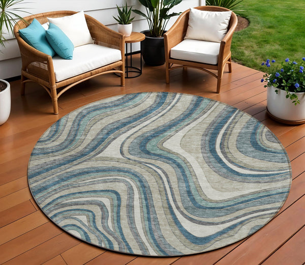 Homeroots 3' Artichoke Green And Ivory Abstract Washable Area Rug For Indoor And Outdoor Spaces, Durable Design 8' Round Polyester 585246