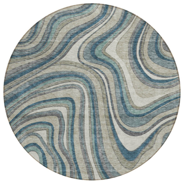 HomeRoots 5' Abstract Washable Area Rug in Teal, Blue, Gray & Taupe – Perfect for Indoor or Outdoor Spaces! 8' Round 585246