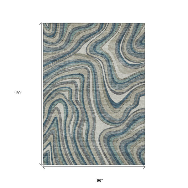 HomeRoots 5' Abstract Washable Area Rug in Teal, Blue, Gray & Taupe – Perfect for Indoor or Outdoor Spaces! 8' X 10' 585247