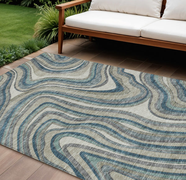 HomeRoots 5' Abstract Washable Area Rug in Teal, Blue, Gray & Taupe – Perfect for Indoor or Outdoor Spaces! 8' X 10' 585247