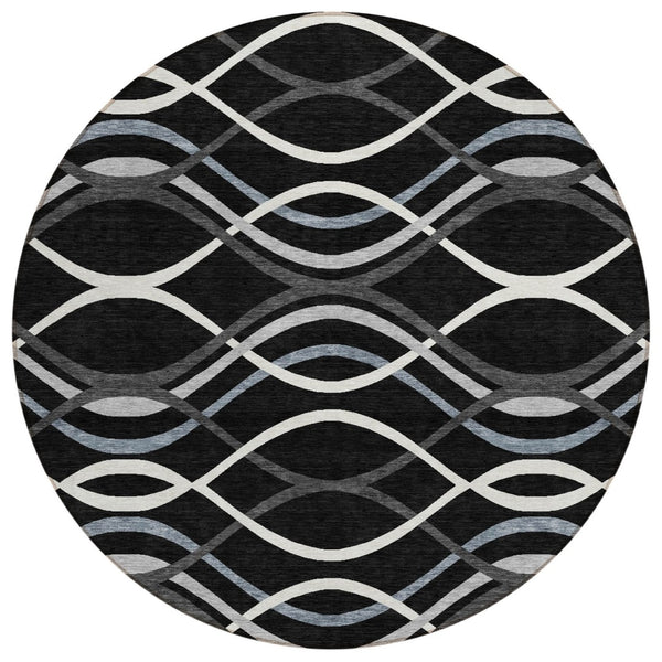 HomeRoots 5' Abstract Washable Indoor Outdoor Area Rug in Black, Gray & Ivory - Modern Style & Durability 8' Round 585252