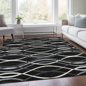Homeroots 3' Black Gray Ivory Abstract Indoor Outdoor Area Rug - Stylish, Washable, And Durable For Any Space 9' X 12' Polyester 585254