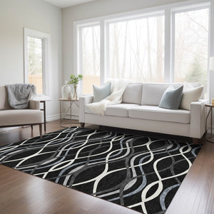 Homeroots 3' Black Gray Ivory Abstract Indoor Outdoor Area Rug - Stylish, Washable, And Durable For Any Space 9' X 12' Polyester 585254