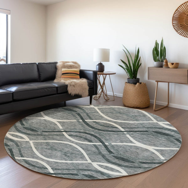 Homeroots 3' Black Gray Ivory Abstract Indoor Outdoor Area Rug - Stylish, Washable, And Durable For Any Space 8' Round Polyester 585258