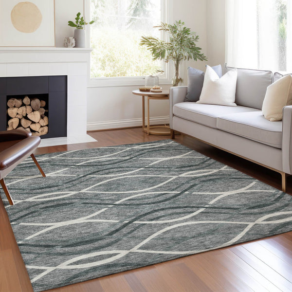 Homeroots 3' Black Gray Ivory Abstract Indoor Outdoor Area Rug - Stylish, Washable, And Durable For Any Space 8' X 10' Polyester 585259
