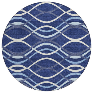 HomeRoots 5' Abstract Navy and Denim Blue Washable Area Rug for Indoor and Outdoor High-Traffic Use 8' Round 585270