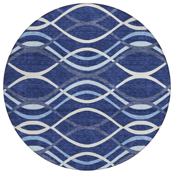 HomeRoots 5' Abstract Navy and Denim Blue Washable Area Rug for Indoor and Outdoor High-Traffic Use 8' Round 585270