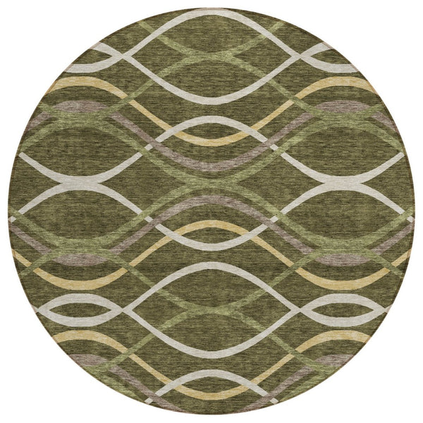 HomeRoots 5' Abstract Washable Area Rug in Olive Green, Fern Green & Ivory – Durable, Stylish for Indoors & Outdoors 8' Round 585276