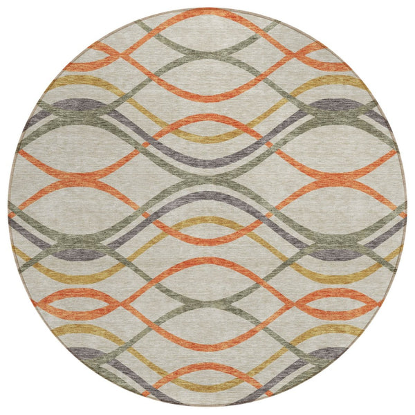 HomeRoots 5' Modern Abstract Orange Ivory Gray Area Rug - Washable, Durable for Indoor & Outdoor Spaces 8' Round 585282