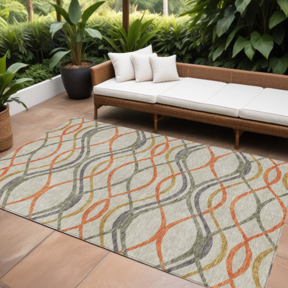 HomeRoots 9' Vibrant Orange, Ivory & Gray Abstract Area Rug – Washable, Durable for Indoor & Outdoor Spaces 9' X 12' 585284