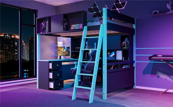 English Elm Full Size Gaming Loft Bed with Led Lighting Desk Drawers and Display Shelving Blue LT000263AAC