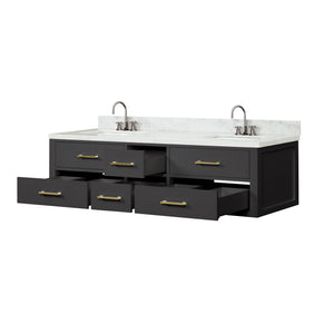English Elm Black Double Bath Vanity With Carrara Marble Top, Chrome Faucets & Ample Storage – Elegant Design! B2731P258062