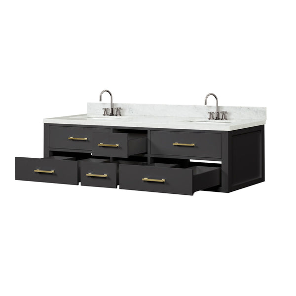 English Elm Black Double Bath Vanity With Carrara Marble Top, Chrome Faucets & Ample Storage – Elegant Design! B2731P258062