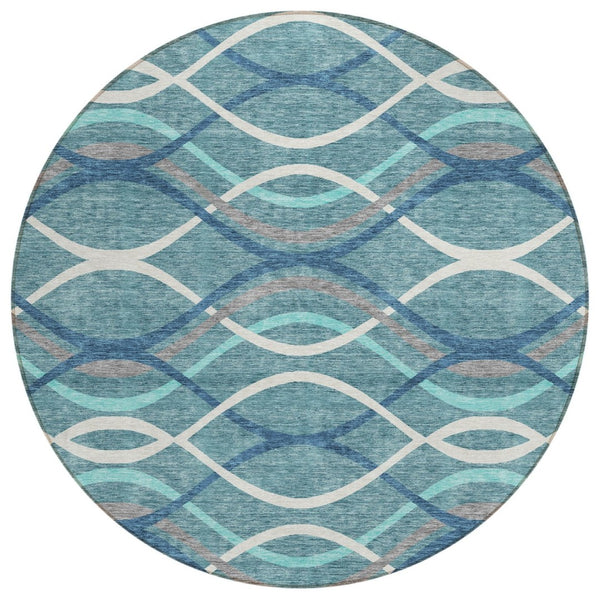HomeRoots 5' Abstract Teal and Navy Area Rug - Stylish Washable Indoor/Outdoor Design for Modern Spaces 8' Round 585306
