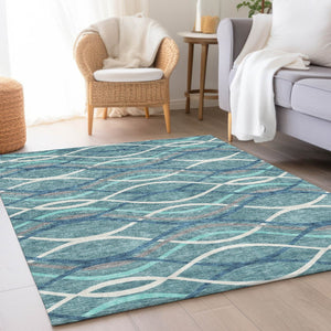 HomeRoots 5' Abstract Teal and Navy Area Rug - Stylish Washable Indoor/Outdoor Design for Modern Spaces 8' X 10' 585307