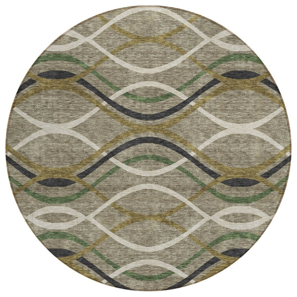 HomeRoots 5' Modern Abstract Taupe Beige Charcoal Area Rug - Washable, Durable for Indoor & Outdoor Spaces 8' Round 585312