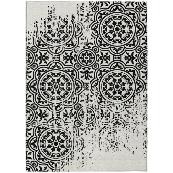 HomeRoots 5' Black and Ivory Medallion Area Rug - Durable, Washable Design Perfect for Indoor and Outdoor Use 8' X 10' 585331