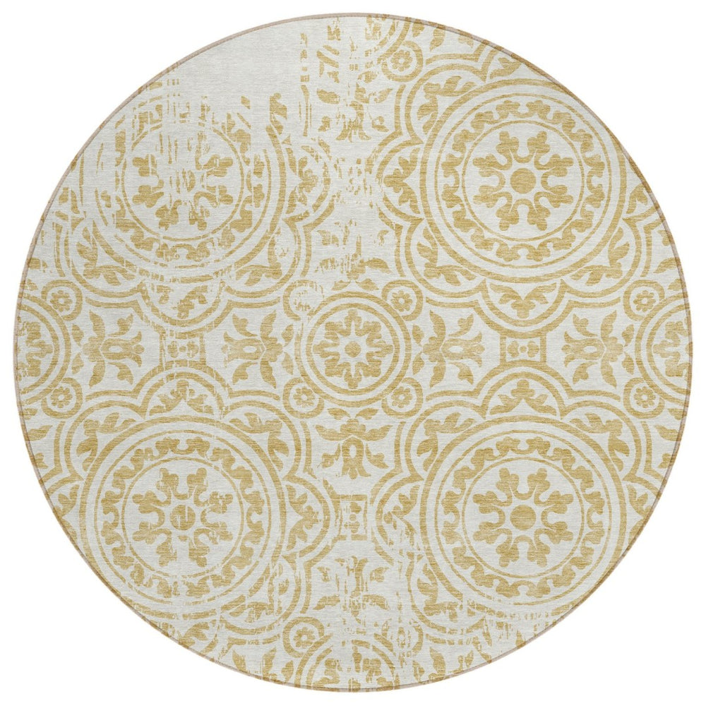 HomeRoots 5' Gold and Ivory Medallion Washable Area Rug – Elegant, Durable Design for Indoor and Outdoor Spaces 8' Round 585342
