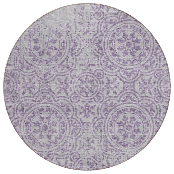 HomeRoots 5' Timeless Lavender and Lilac Medallion Area Rug - Durable, Washable for Indoor & Outdoor Use 8' Round 585354