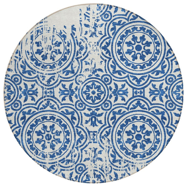 HomeRoots 5' Timeless Navy Blue and Ivory Medallion Area Rug - Durable, Washable, Indoor & Outdoor Style 8' Round 585360