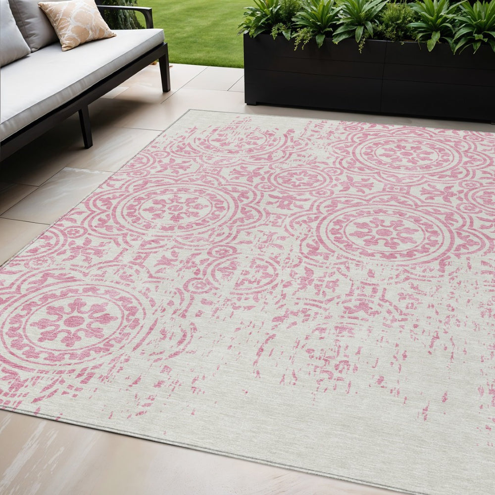 HomeRoots 5' Pink and Ivory Medallion Area Rug - Stylish, Durable, Washable Design for Indoor and Outdoor Use 5' X 8' 585365