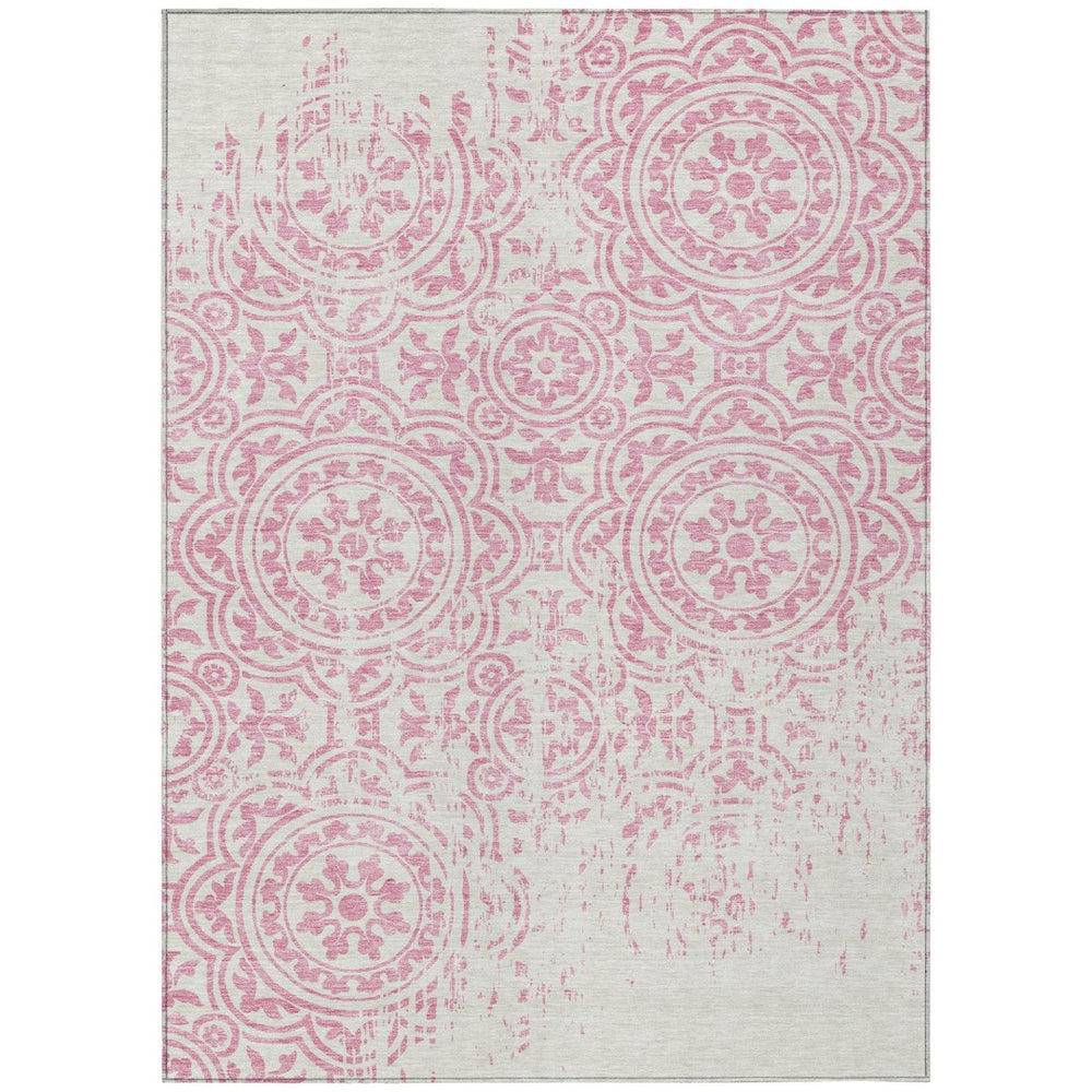 HomeRoots 5' Pink and Ivory Medallion Area Rug - Stylish, Durable, Washable Design for Indoor and Outdoor Use 5' X 8' 585365