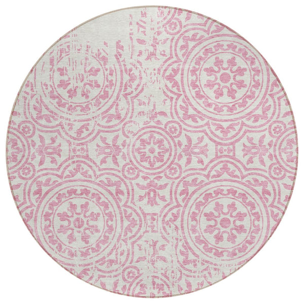 HomeRoots 5' Pink and Ivory Medallion Area Rug - Stylish, Durable, Washable Design for Indoor and Outdoor Use 8' Round 585366
