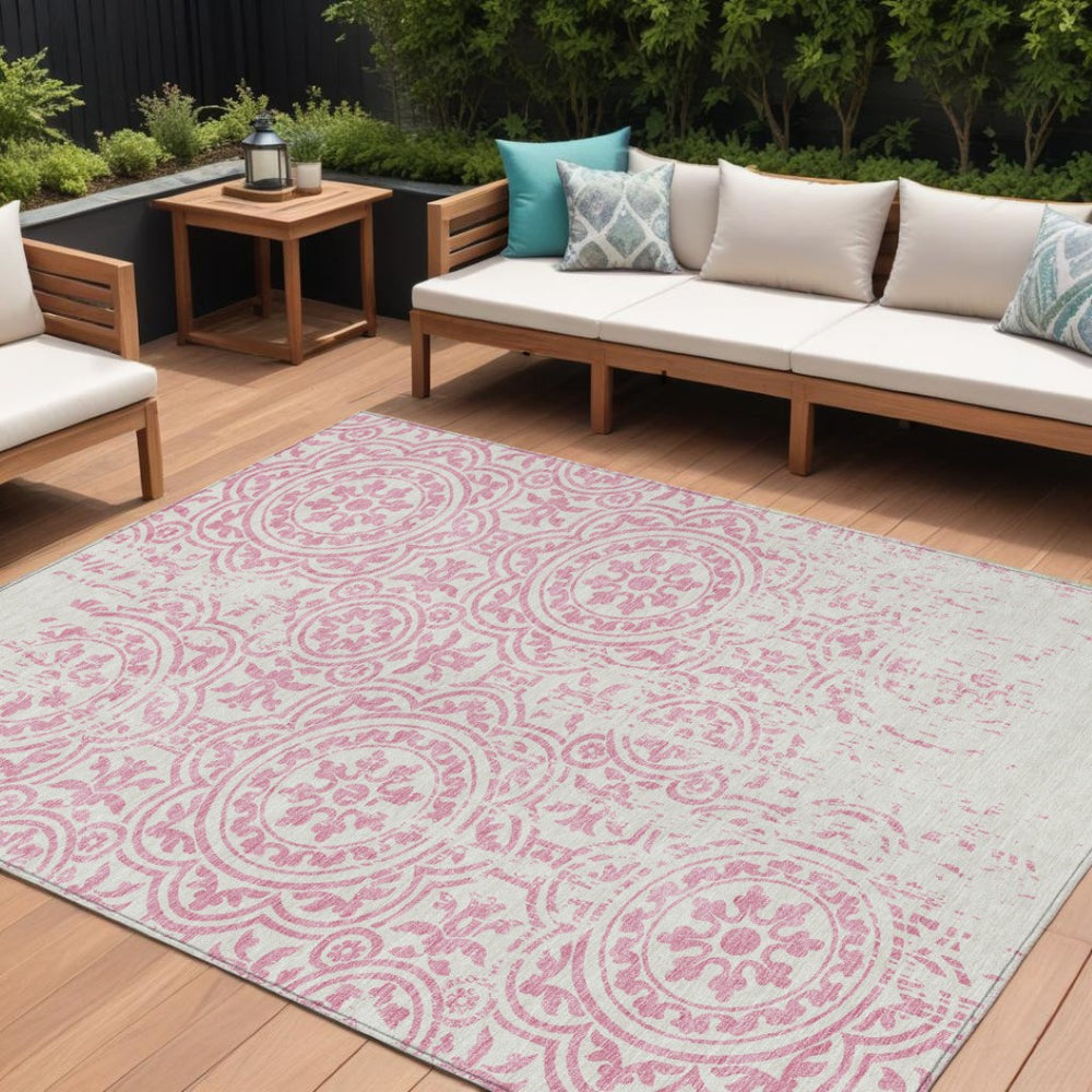 HomeRoots 9' Elegant Pink and Ivory Medallion Washable Area Rug – Durable, Slip-Resistant for Indoor & Outdoor Use 9' X 12' 585368