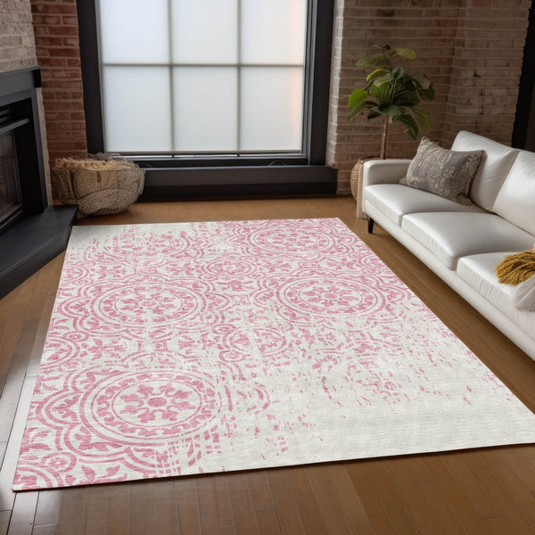HomeRoots 9' Elegant Pink and Ivory Medallion Washable Area Rug – Durable, Slip-Resistant for Indoor & Outdoor Use 9' X 12' 585368