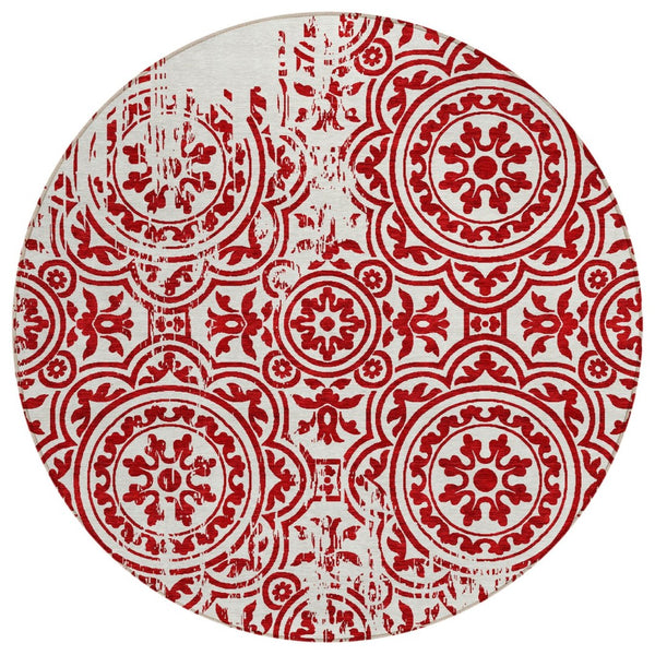HomeRoots 5' Red and Ivory Medallion Area Rug - Stylish, Durable Design for Indoor and Outdoor Spaces 8' Round 585372