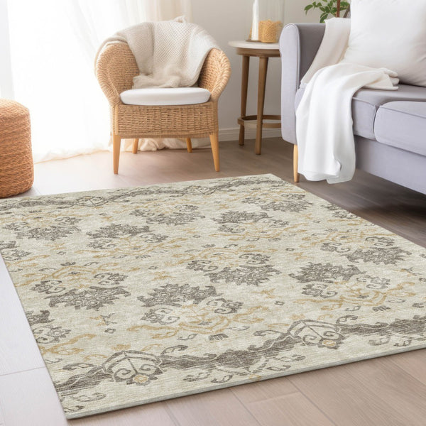 Homeroots 3' Stylish Beige Tan And Taupe Oriental Washable Area Rug For Indoor And Outdoor Spaces, Durable Design 3' X 5' Polyester 585394