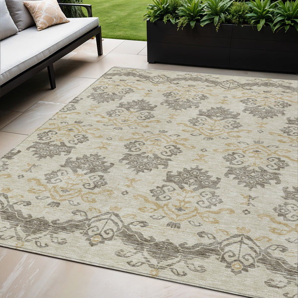 Homeroots 3' Stylish Beige Tan And Taupe Oriental Washable Area Rug For Indoor And Outdoor Spaces, Durable Design 5' X 8' Polyester 585395