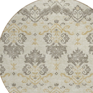 Homeroots 3' Stylish Beige Tan And Taupe Oriental Washable Area Rug For Indoor And Outdoor Spaces, Durable Design 8' Round Polyester 585396