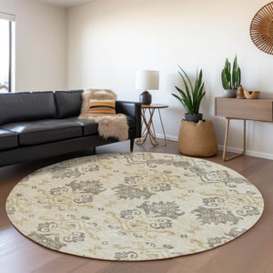 Homeroots 3' Stylish Beige Tan And Taupe Oriental Washable Area Rug For Indoor And Outdoor Spaces, Durable Design 8' Round Polyester 585396