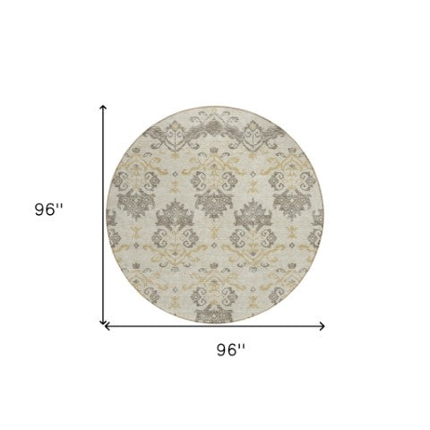 Homeroots 3' Stylish Beige Tan And Taupe Oriental Washable Area Rug For Indoor And Outdoor Spaces, Durable Design 8' Round Polyester 585396