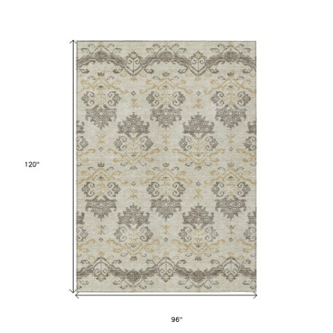 Homeroots 3' Stylish Beige Tan And Taupe Oriental Washable Area Rug For Indoor And Outdoor Spaces, Durable Design 8' X 10' Polyester 585397