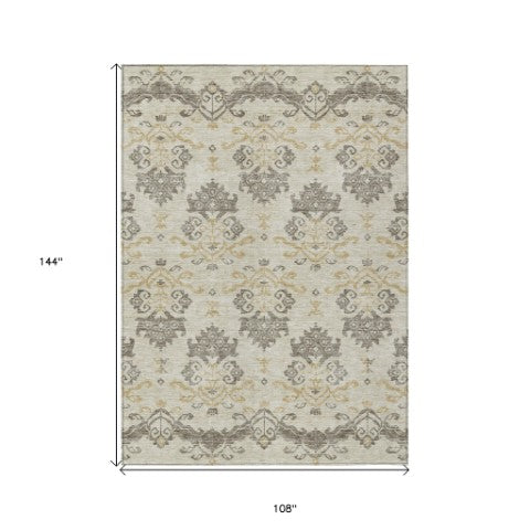 Homeroots 3' Stylish Beige Tan And Taupe Oriental Washable Area Rug For Indoor And Outdoor Spaces, Durable Design 9' X 12' Polyester 585398