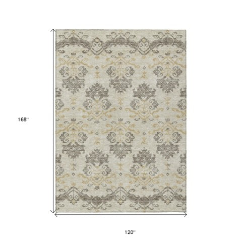 Homeroots 3' Stylish Beige Tan And Taupe Oriental Washable Area Rug For Indoor And Outdoor Spaces, Durable Design 10' X 14' Polyester 585399