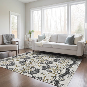 Homeroots 3' Stylish Beige Tan And Taupe Oriental Washable Area Rug For Indoor And Outdoor Spaces, Durable Design 3' X 5' Polyester 585400