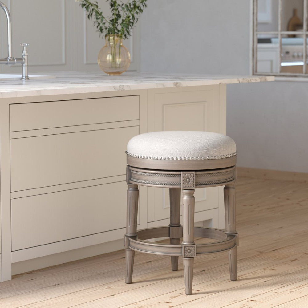 English Elm 26in. Faux Leather Swivel Barstool Nailhead Trim Carved Wood Counter Height Kitchen Gray B2751P436440