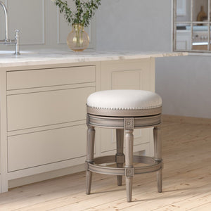 English Elm 26in. Faux Leather Swivel Barstool Nailhead Trim Carved Wood Counter Height Kitchen Gray B2751P436440