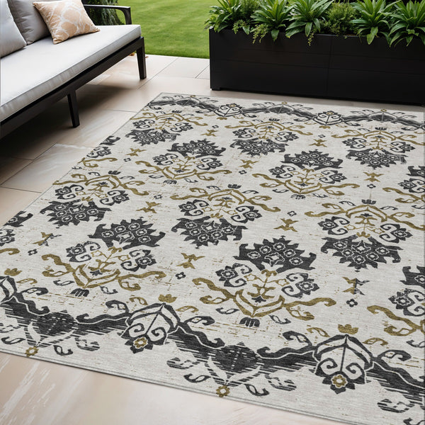 Homeroots 3' Stylish Beige Tan And Taupe Oriental Washable Area Rug For Indoor And Outdoor Spaces, Durable Design 5' X 8' Polyester 585401
