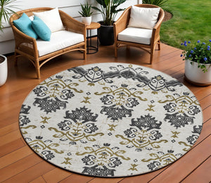 Homeroots 3' Stylish Beige Tan And Taupe Oriental Washable Area Rug For Indoor And Outdoor Spaces, Durable Design 8' Round Polyester 585402