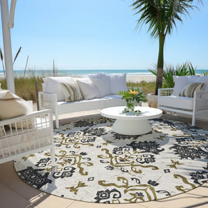 Homeroots 3' Stylish Beige Tan And Taupe Oriental Washable Area Rug For Indoor And Outdoor Spaces, Durable Design 8' Round Polyester 585402